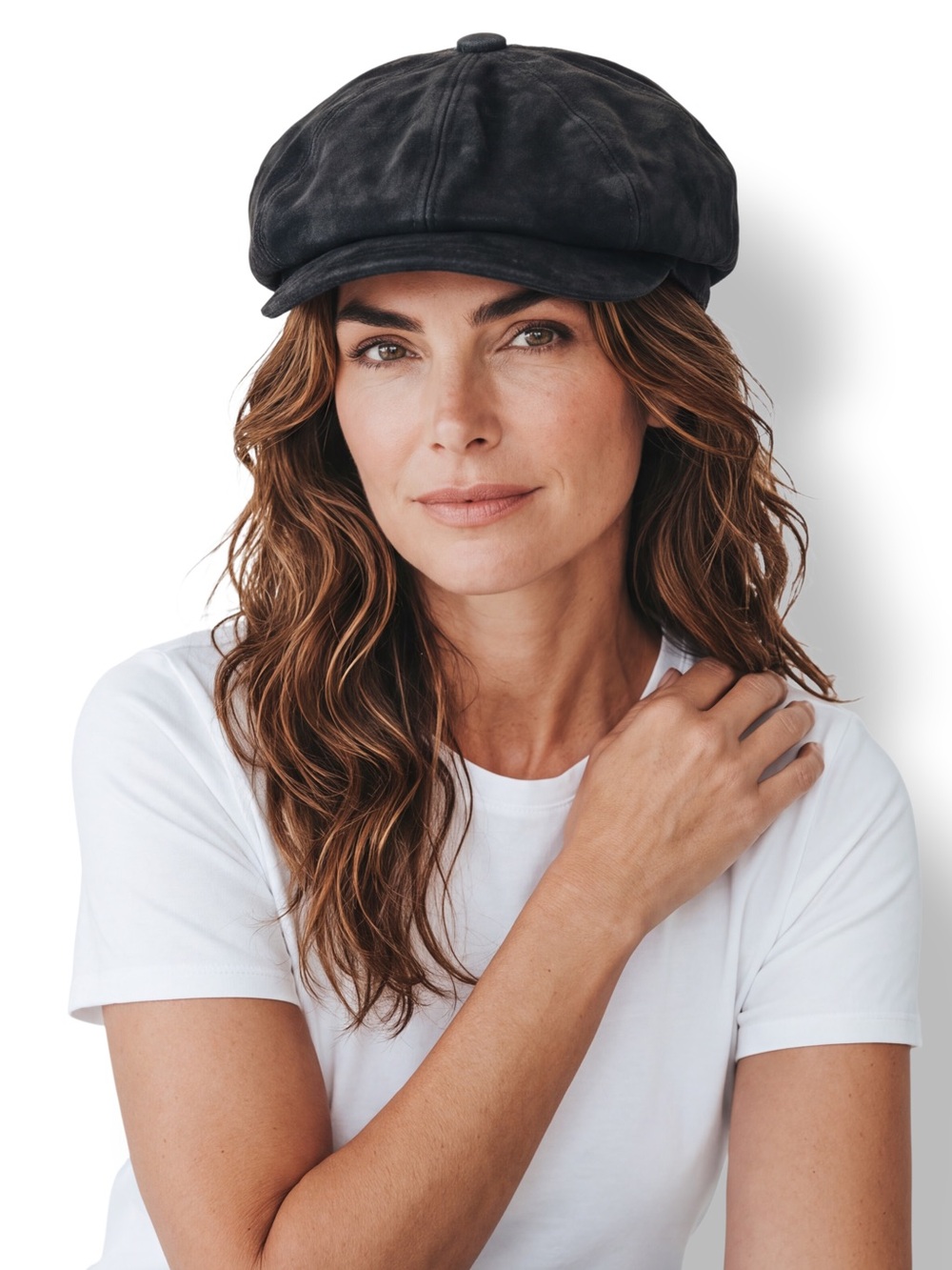 4/$20 Liz Claiborne Black Suede Newsboy Cabbie Cap Striped Lining